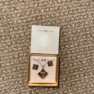 Anne Klein Gold-Tone Necklace and Stud Earrings with Burgundy Accents